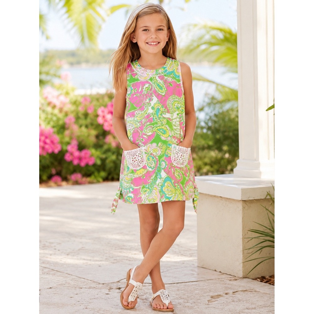 Lilly Pulitzer Girls Pink Green Paisley Lace Pocket Shift Dress 49038G Size 8